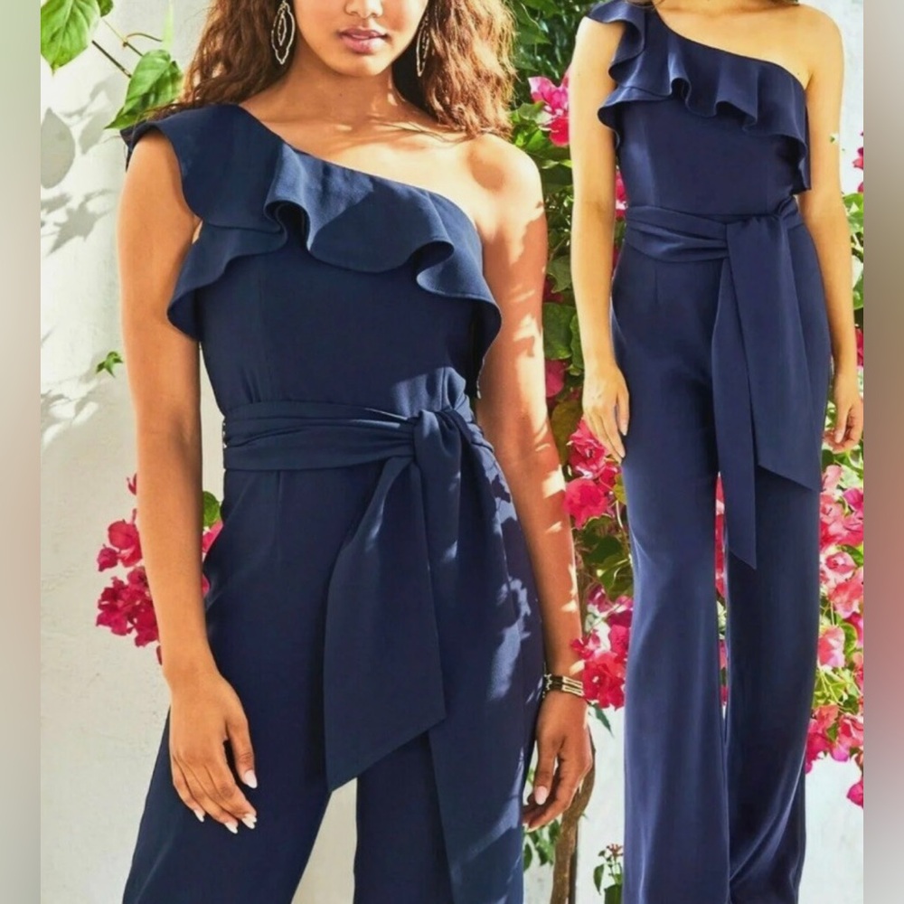 Lilly Pulitzer Lyra True Navy One Shoulder Ruffle Jumpsuit Size 4